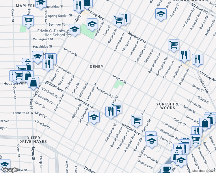 map of restaurants, bars, coffee shops, grocery stores, and more near 11130 Rossiter Street in Detroit