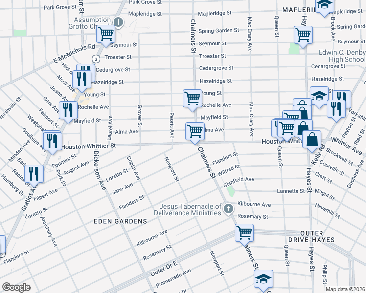 map of restaurants, bars, coffee shops, grocery stores, and more near 14295 Jane Avenue in Detroit