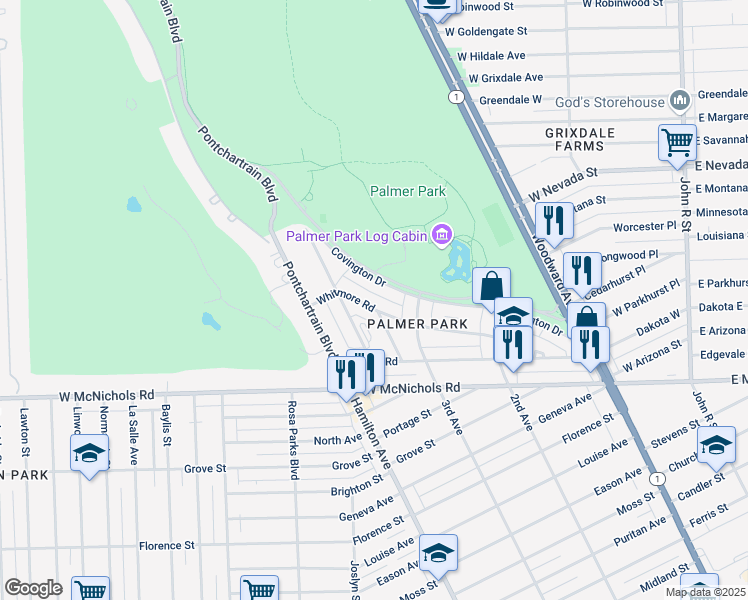 map of restaurants, bars, coffee shops, grocery stores, and more near 850 Whitmore Road in Detroit