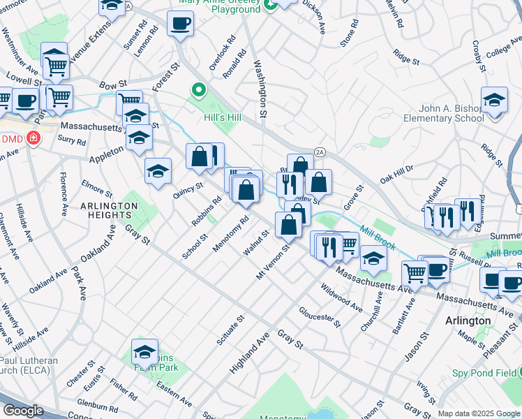 map of restaurants, bars, coffee shops, grocery stores, and more near 1017 Massachusetts Avenue in Arlington