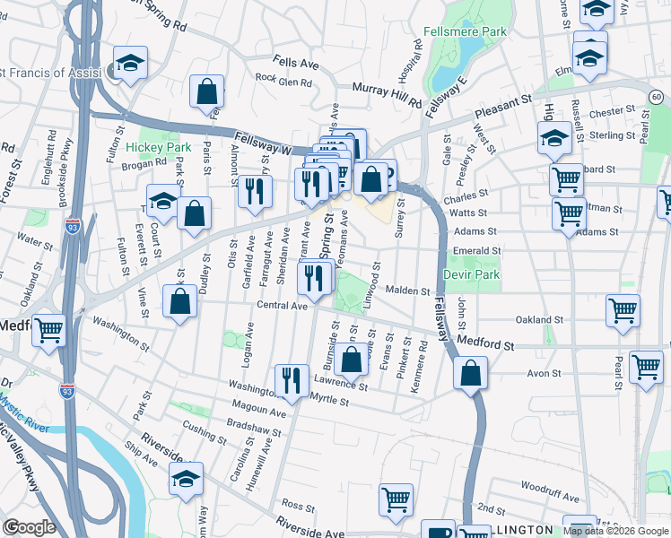 map of restaurants, bars, coffee shops, grocery stores, and more near 50 Yeomans Avenue in Medford