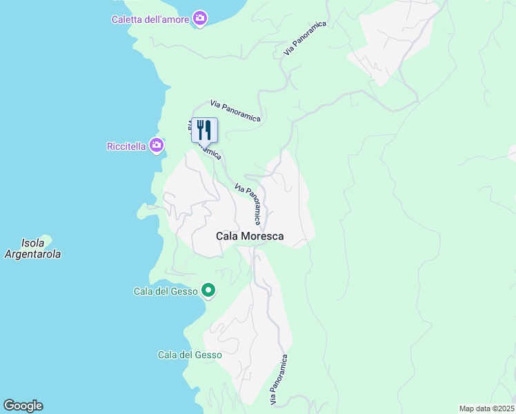 map of restaurants, bars, coffee shops, grocery stores, and more near 158 Via Panoramica in Cala Moresca
