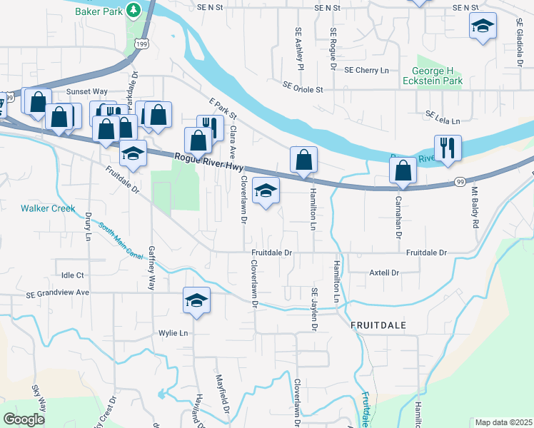 map of restaurants, bars, coffee shops, grocery stores, and more near 1560 Bill Baker Way in Grants Pass