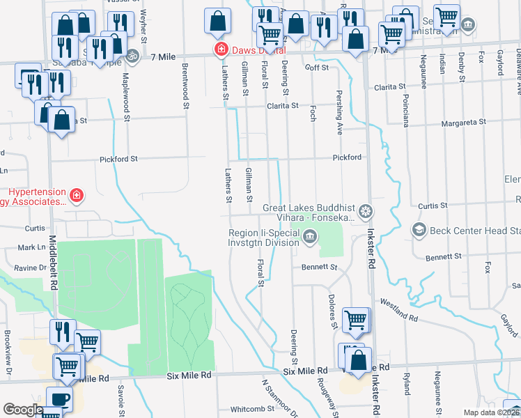 map of restaurants, bars, coffee shops, grocery stores, and more near 18180 Floral Street in Livonia