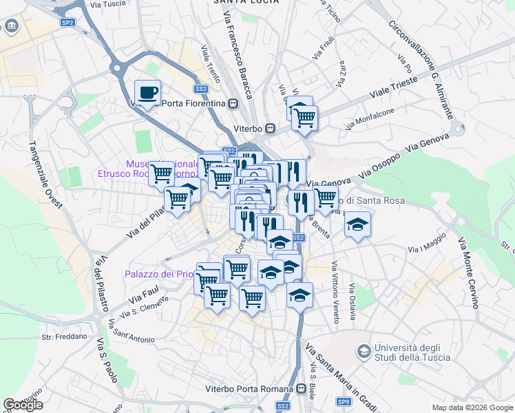 map of restaurants, bars, coffee shops, grocery stores, and more near in Viterbo