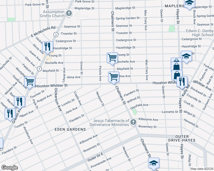 map of restaurants, bars, coffee shops, grocery stores, and more near 14295 Jane Avenue in Detroit