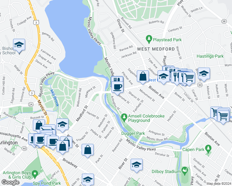 map of restaurants, bars, coffee shops, grocery stores, and more near 6 Jerome Street in Medford