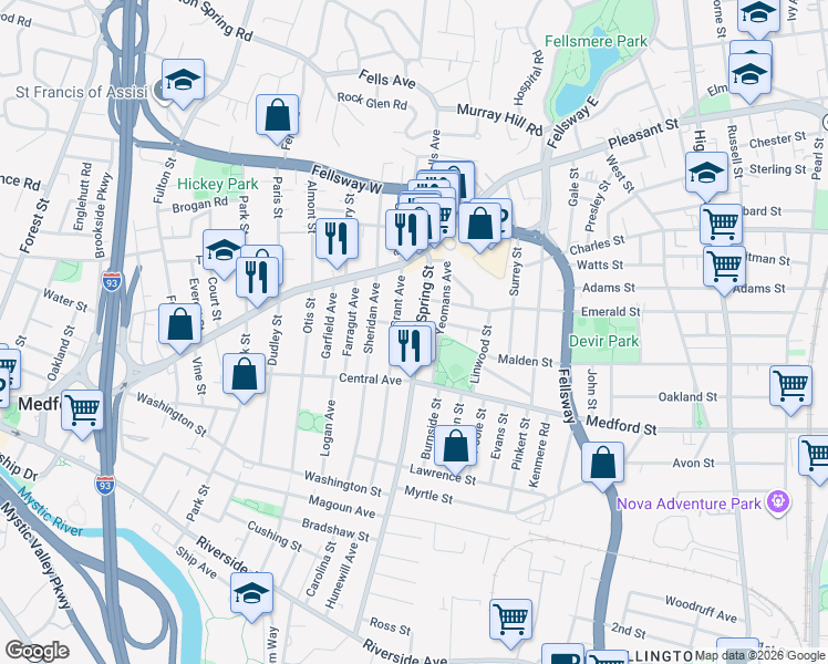 map of restaurants, bars, coffee shops, grocery stores, and more near 95 Grant Avenue in Medford