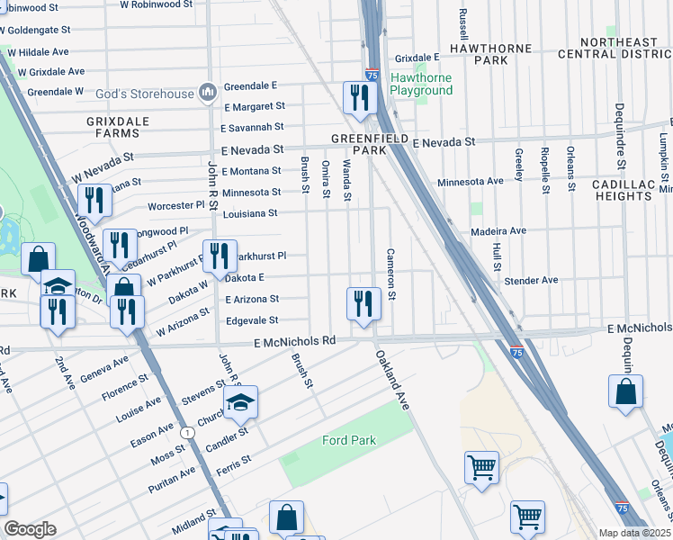 map of restaurants, bars, coffee shops, grocery stores, and more near 17235 Wanda Street in Highland Park