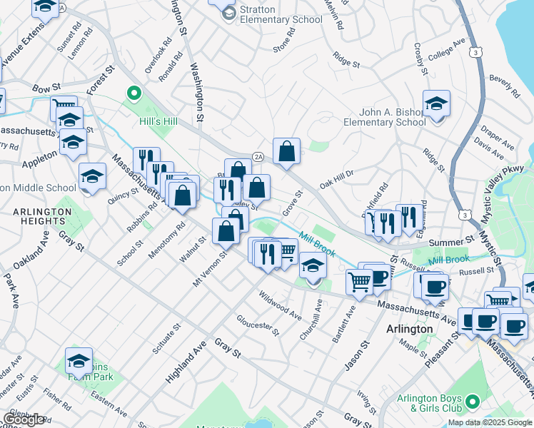 map of restaurants, bars, coffee shops, grocery stores, and more near 14 Dudley Street in Arlington
