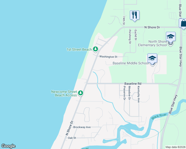 map of restaurants, bars, coffee shops, grocery stores, and more near 26 North Shore Drive in South Haven