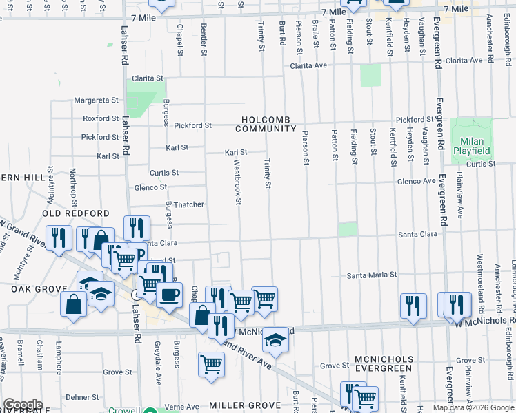 map of restaurants, bars, coffee shops, grocery stores, and more near 17569 Trinity Street in Detroit
