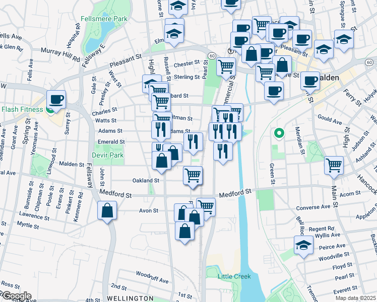 map of restaurants, bars, coffee shops, grocery stores, and more near 262 Pearl Street in Malden