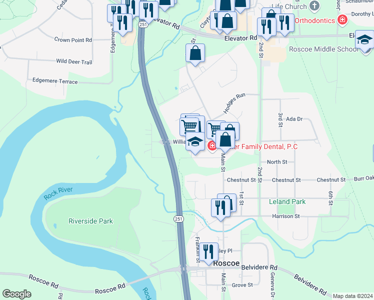 map of restaurants, bars, coffee shops, grocery stores, and more near 5410 Pine Lane in Roscoe