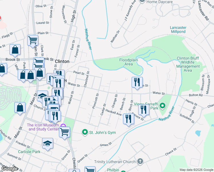 map of restaurants, bars, coffee shops, grocery stores, and more near 244 Water Street in Clinton