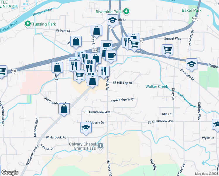 map of restaurants, bars, coffee shops, grocery stores, and more near 133 Aztec Court in Grants Pass