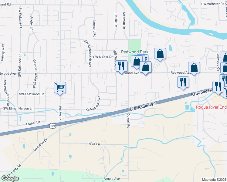 map of restaurants, bars, coffee shops, grocery stores, and more near 2115 Southwest Shane Way in Grants Pass
