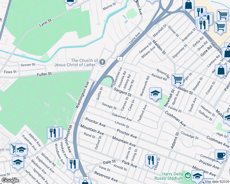 map of restaurants, bars, coffee shops, grocery stores, and more near 15 Joseph Road in Revere