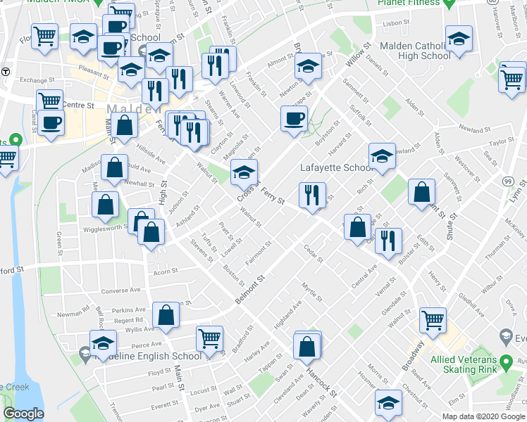 map of restaurants, bars, coffee shops, grocery stores, and more near 11 Winthrop Street in Malden