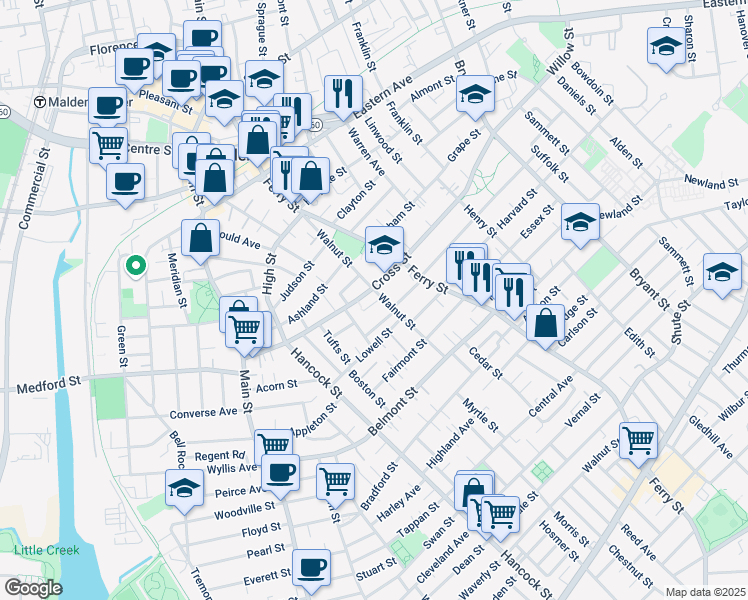 map of restaurants, bars, coffee shops, grocery stores, and more near 24 Oxford Street in Malden
