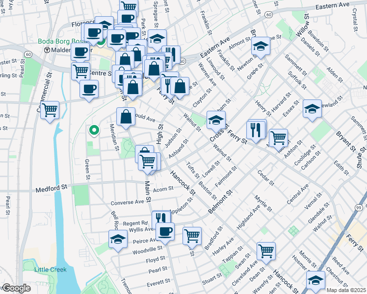 map of restaurants, bars, coffee shops, grocery stores, and more near 56 Ashland Street in Malden