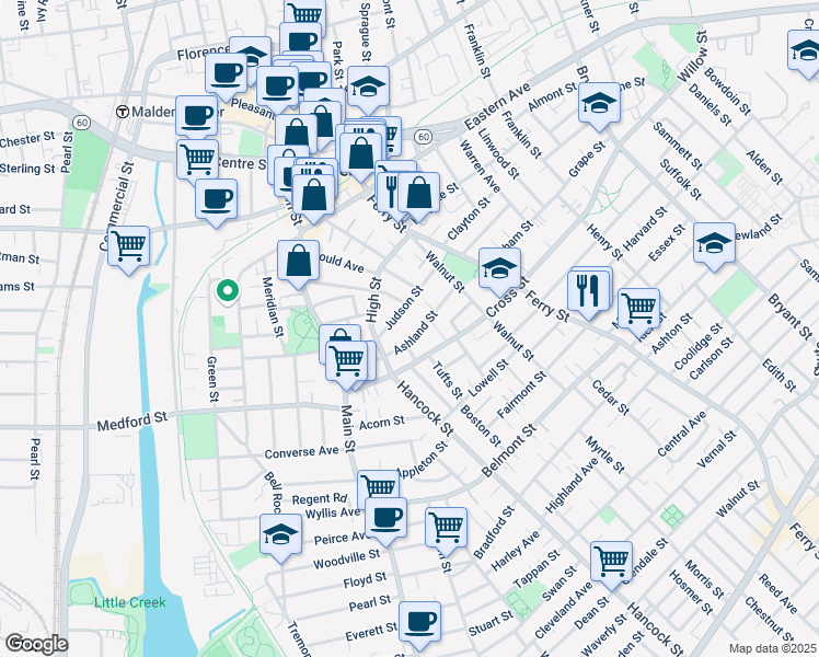 map of restaurants, bars, coffee shops, grocery stores, and more near 56 Ashland Street in Malden