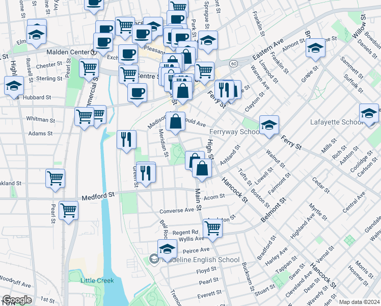 map of restaurants, bars, coffee shops, grocery stores, and more near 106 Judson Street in Malden