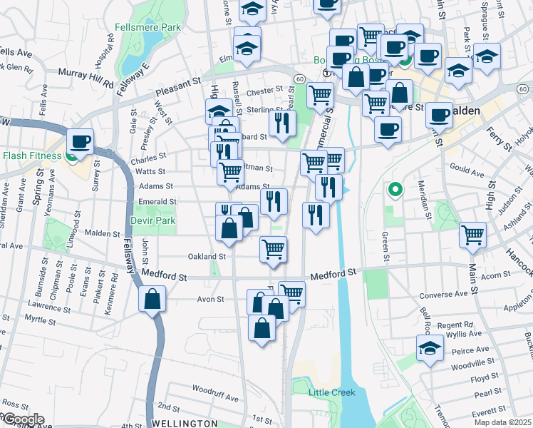 map of restaurants, bars, coffee shops, grocery stores, and more near 262 Pearl Street in Malden
