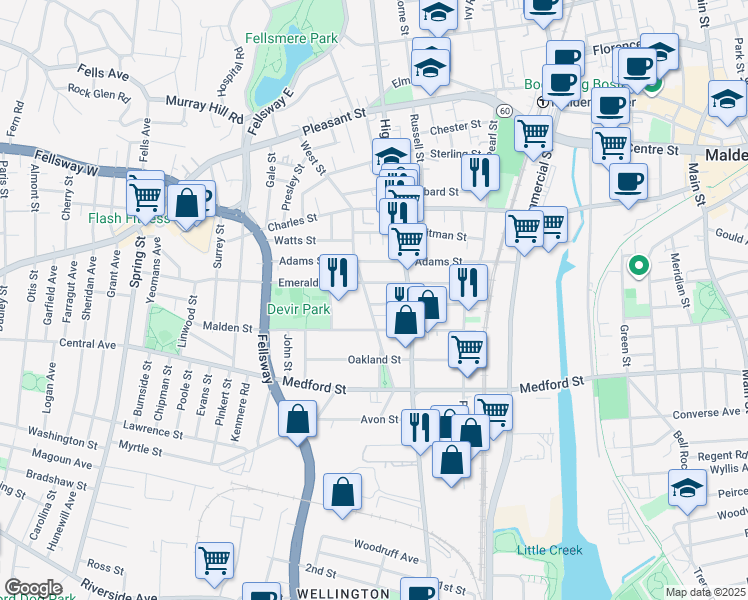 map of restaurants, bars, coffee shops, grocery stores, and more near 187 West Street in Malden