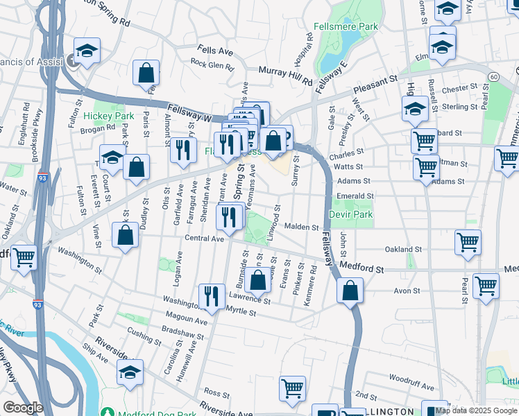 map of restaurants, bars, coffee shops, grocery stores, and more near 34 Yeomans Avenue in Medford