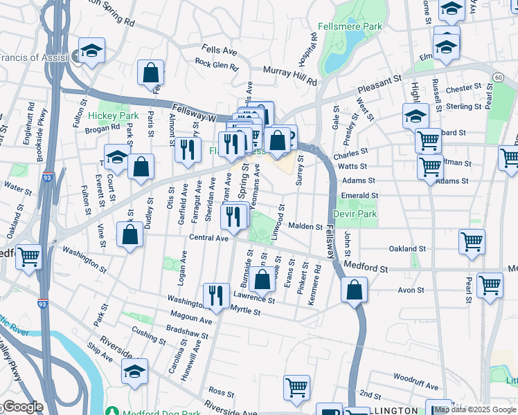 map of restaurants, bars, coffee shops, grocery stores, and more near 34 Yeomans Avenue in Medford