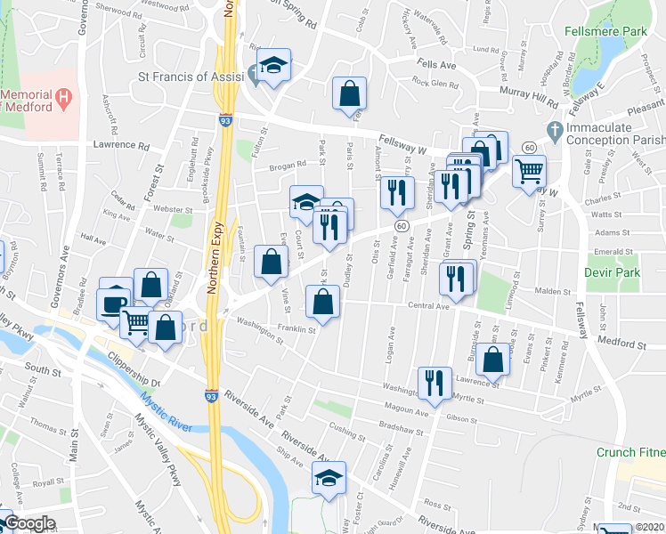 map of restaurants, bars, coffee shops, grocery stores, and more near 167 Park Street in Medford