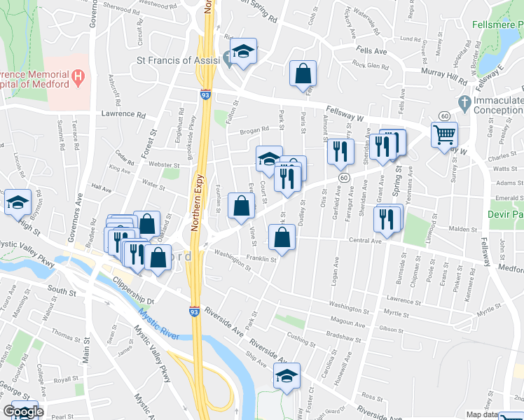 map of restaurants, bars, coffee shops, grocery stores, and more near 9 Revere Place in Medford