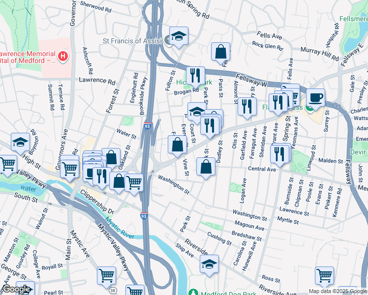 map of restaurants, bars, coffee shops, grocery stores, and more near 9 Revere Place in Medford
