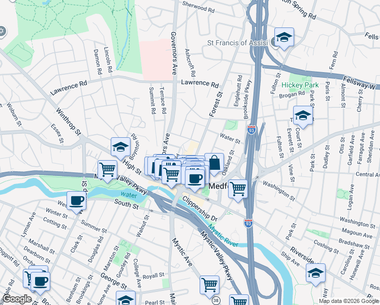 map of restaurants, bars, coffee shops, grocery stores, and more near 48 Forest Street in Medford