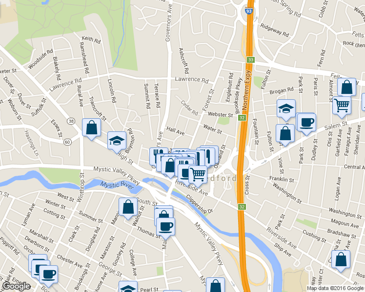 map of restaurants, bars, coffee shops, grocery stores, and more near 48 Forest Street in Medford