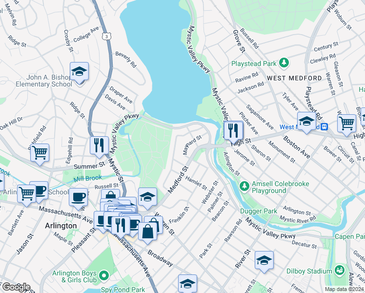 map of restaurants, bars, coffee shops, grocery stores, and more near 51 Webcowet Road in Arlington