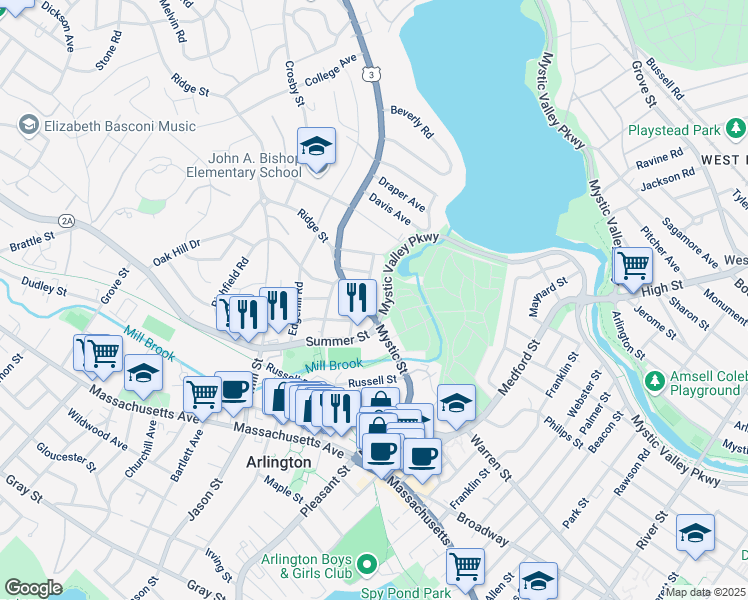 map of restaurants, bars, coffee shops, grocery stores, and more near 144 Mystic Street in Arlington