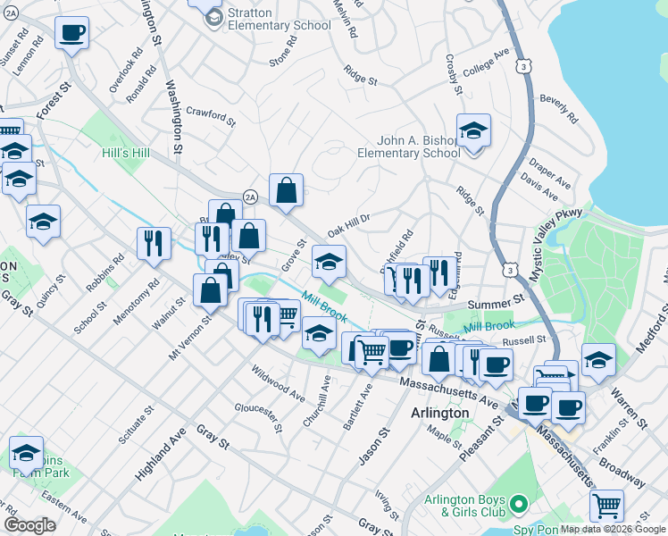 map of restaurants, bars, coffee shops, grocery stores, and more near 140 Summer Street in Arlington