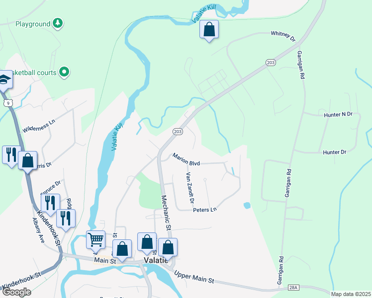 map of restaurants, bars, coffee shops, grocery stores, and more near 6007 Marion Blvd in Valatie