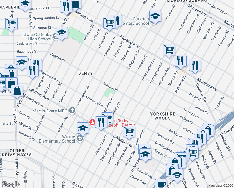 map of restaurants, bars, coffee shops, grocery stores, and more near 11070 Lakepointe Street in Detroit