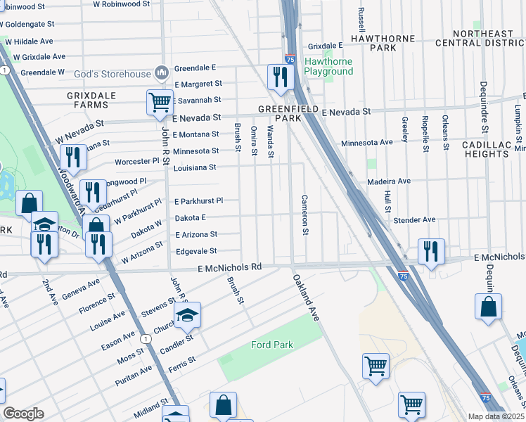 map of restaurants, bars, coffee shops, grocery stores, and more near 17235 Wanda Street in Highland Park