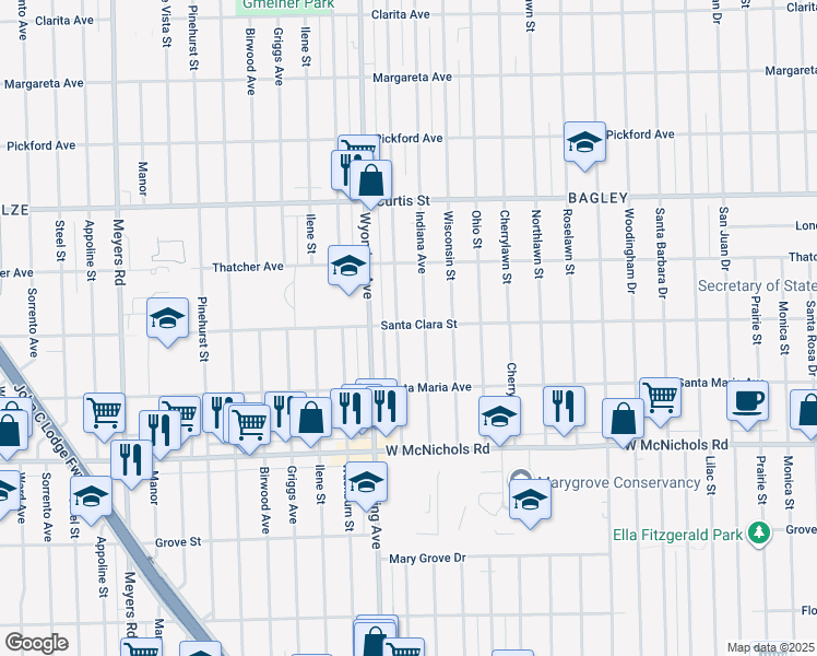 map of restaurants, bars, coffee shops, grocery stores, and more near 17377 Indiana Street in Detroit