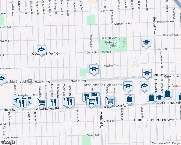 map of restaurants, bars, coffee shops, grocery stores, and more near 7000 Outer Drive West in Detroit