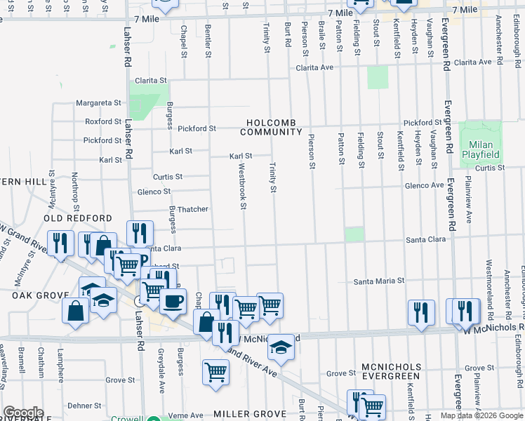 map of restaurants, bars, coffee shops, grocery stores, and more near 17569 Trinity Street in Detroit