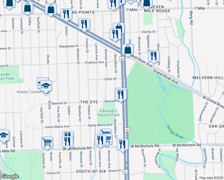 map of restaurants, bars, coffee shops, grocery stores, and more near 17638 Woodbine Street in Detroit
