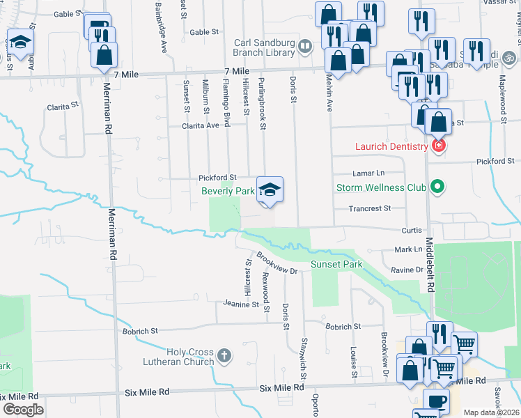 map of restaurants, bars, coffee shops, grocery stores, and more near 30500 Curtis in Livonia
