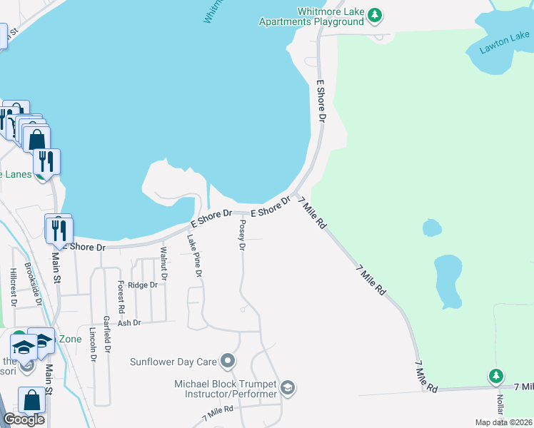 map of restaurants, bars, coffee shops, grocery stores, and more near 346 East Shore Drive in Whitmore Lake