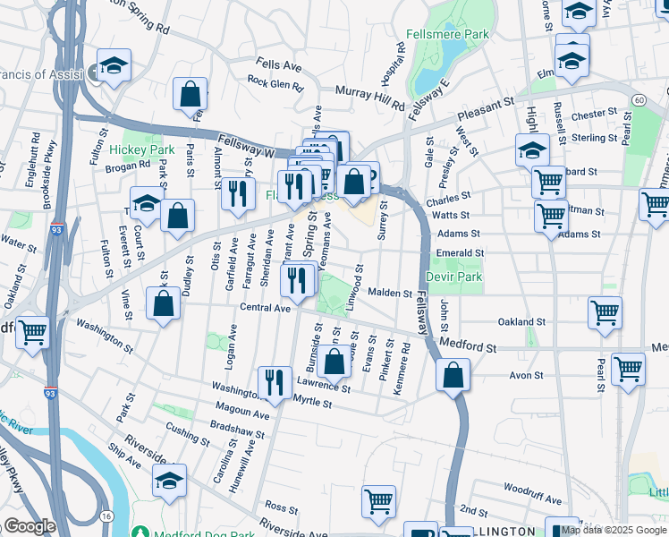 map of restaurants, bars, coffee shops, grocery stores, and more near 15 Carney Street in Medford