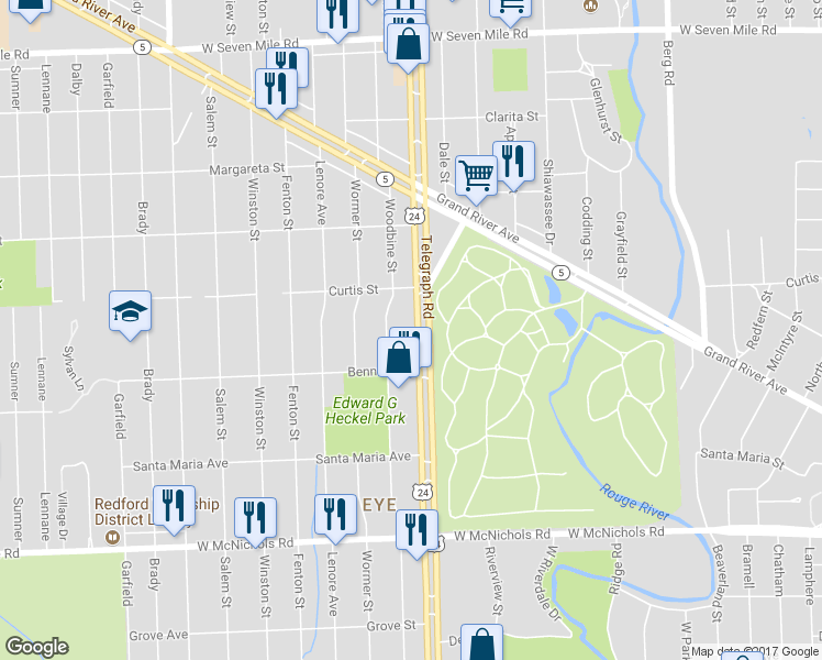 map of restaurants, bars, coffee shops, grocery stores, and more near 17729 Telegraph Road in Detroit